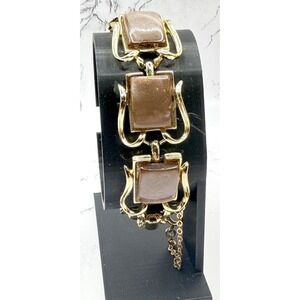 Vintage Signed Coro Thermoset Bracelet Brown Lucite Gold Tone Safety Chain